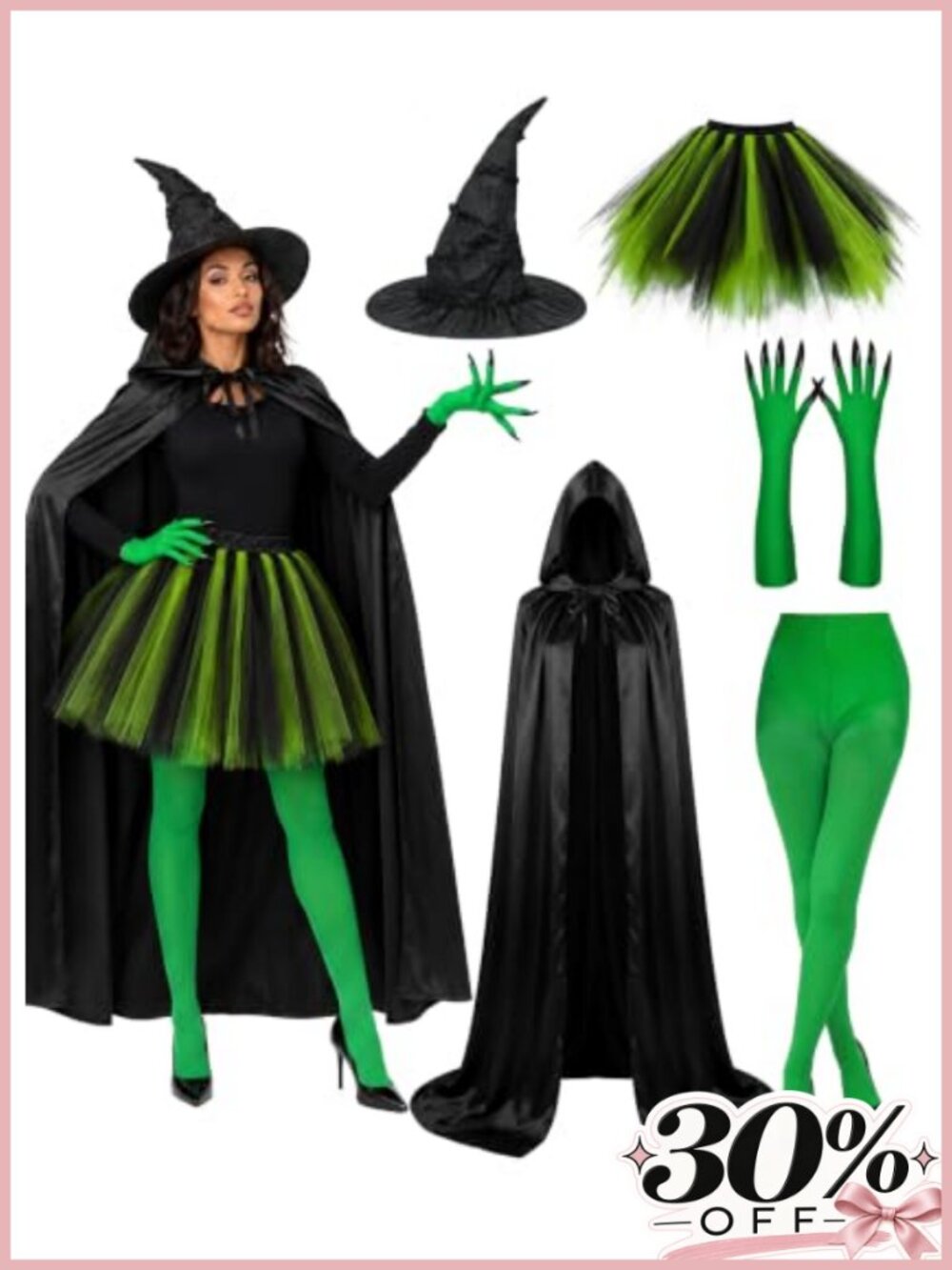 Women's Witch Costume 5 Piece Hooded Cape Hat Gloves Tights Tutu Skirt